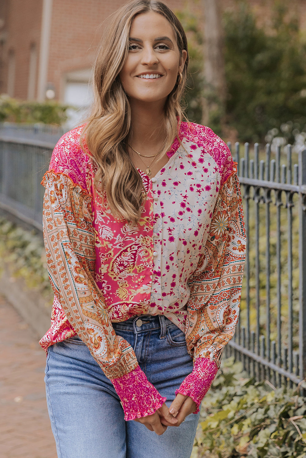 Pink Mixed Floral Printed Puff Sleeve V-Neck Shirt