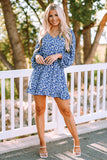 Sky Blue/Blue/Apricot V Neck Lantern Sleeves Floral Tunic Dress