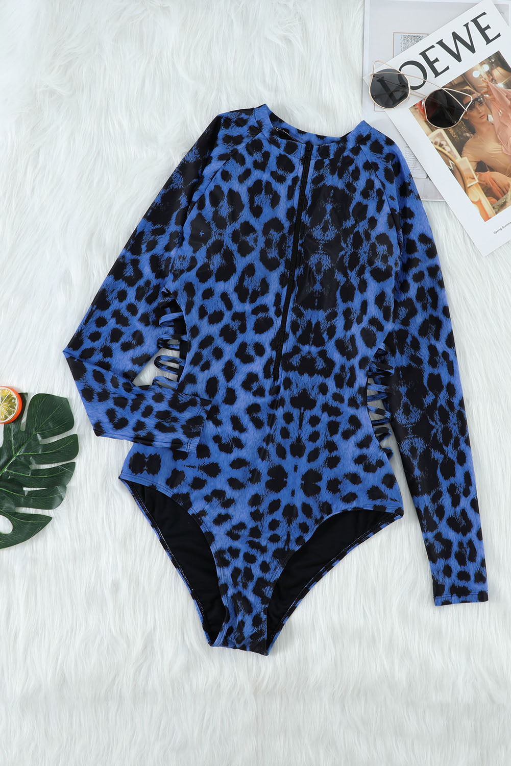 Leopard Print Zipper Cut-out Rash Guard Swimsuit