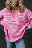 Pink Striped Scallop V Neck Loose Sweater with Slits