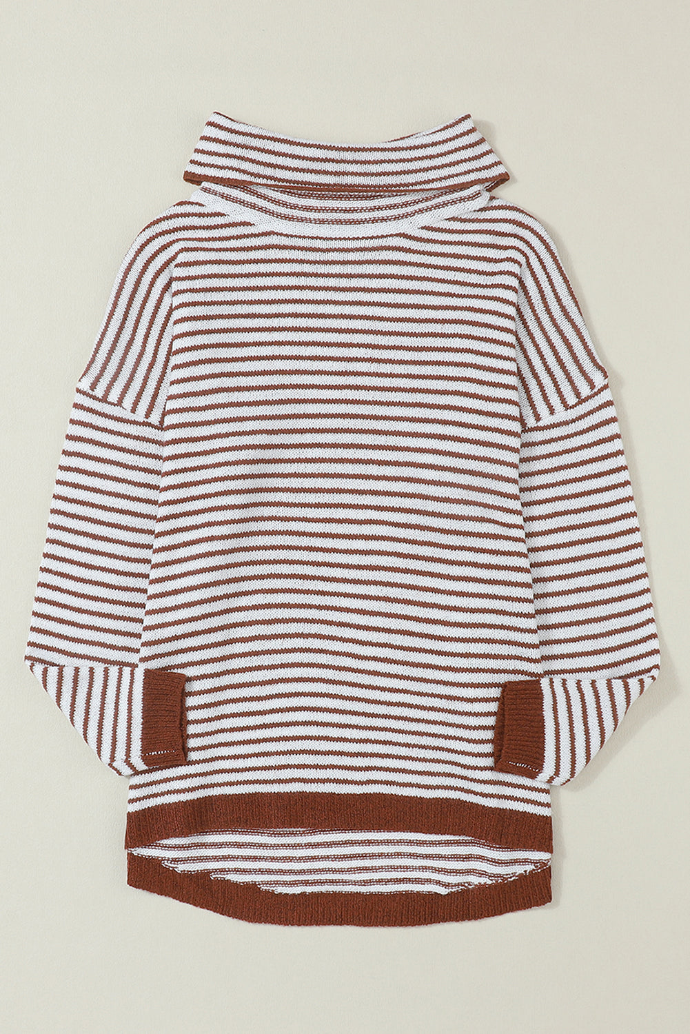 Khaki Striped Turtleneck Loose Sweater