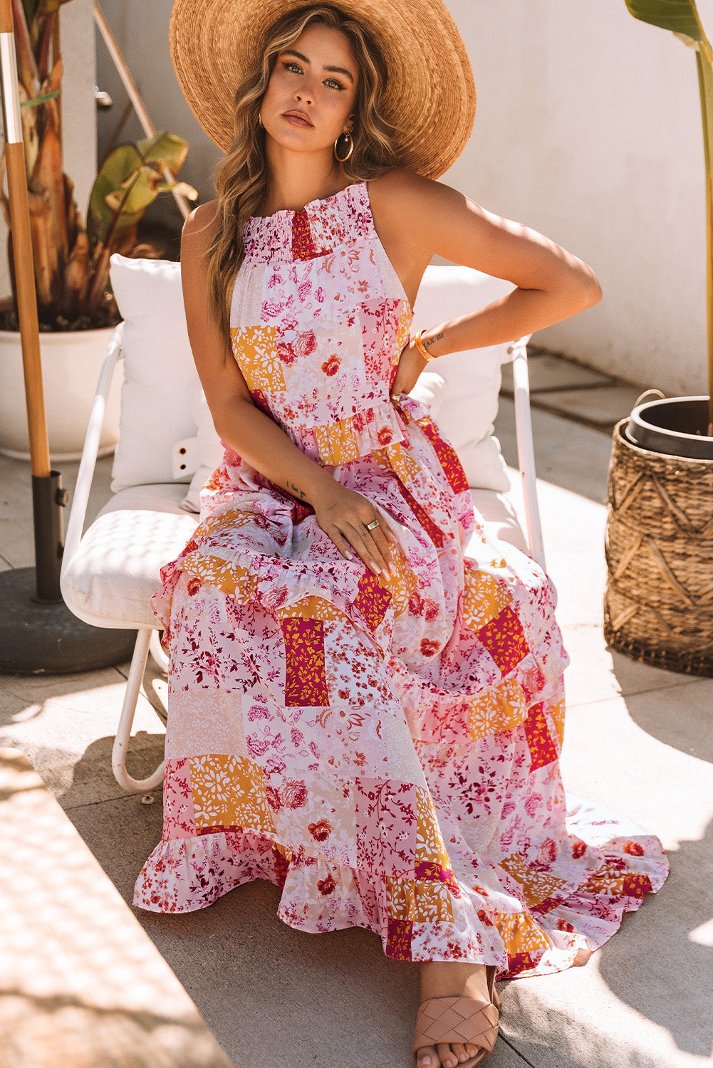 Boho Geometric Floral Print Sleeveless Maxi Dress