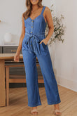 Buttoned Wide Leg Belted Chambray Strappy Jumpsuit