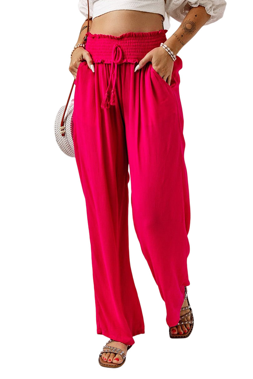 Smocked Elastic Waist Wide Leg Pants