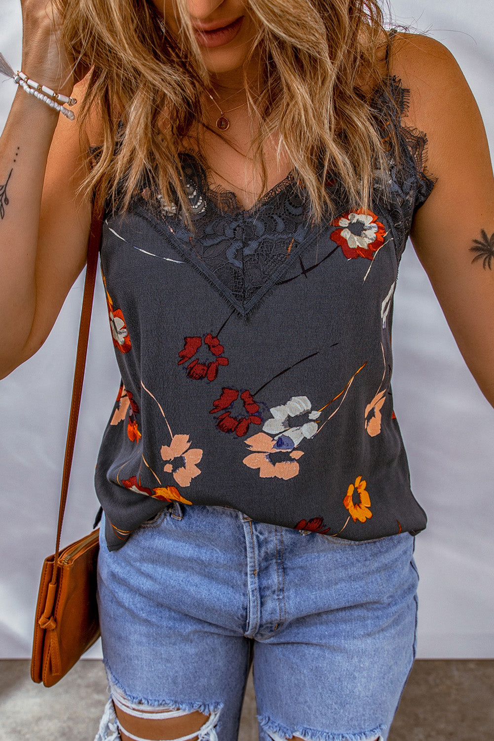 Floral Print Lace Contrast Tank Top