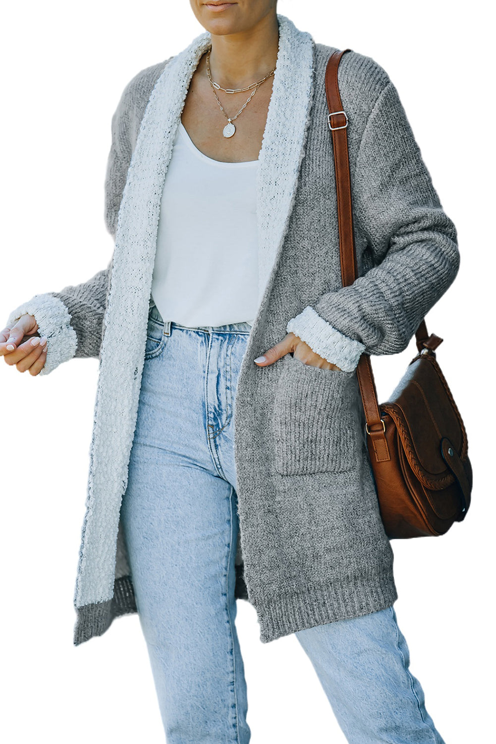 Long Pocketed Open Front Knit Cardigan