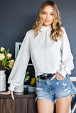 Frilled Smocked Neck Textured Bishop Sleeve Blouse