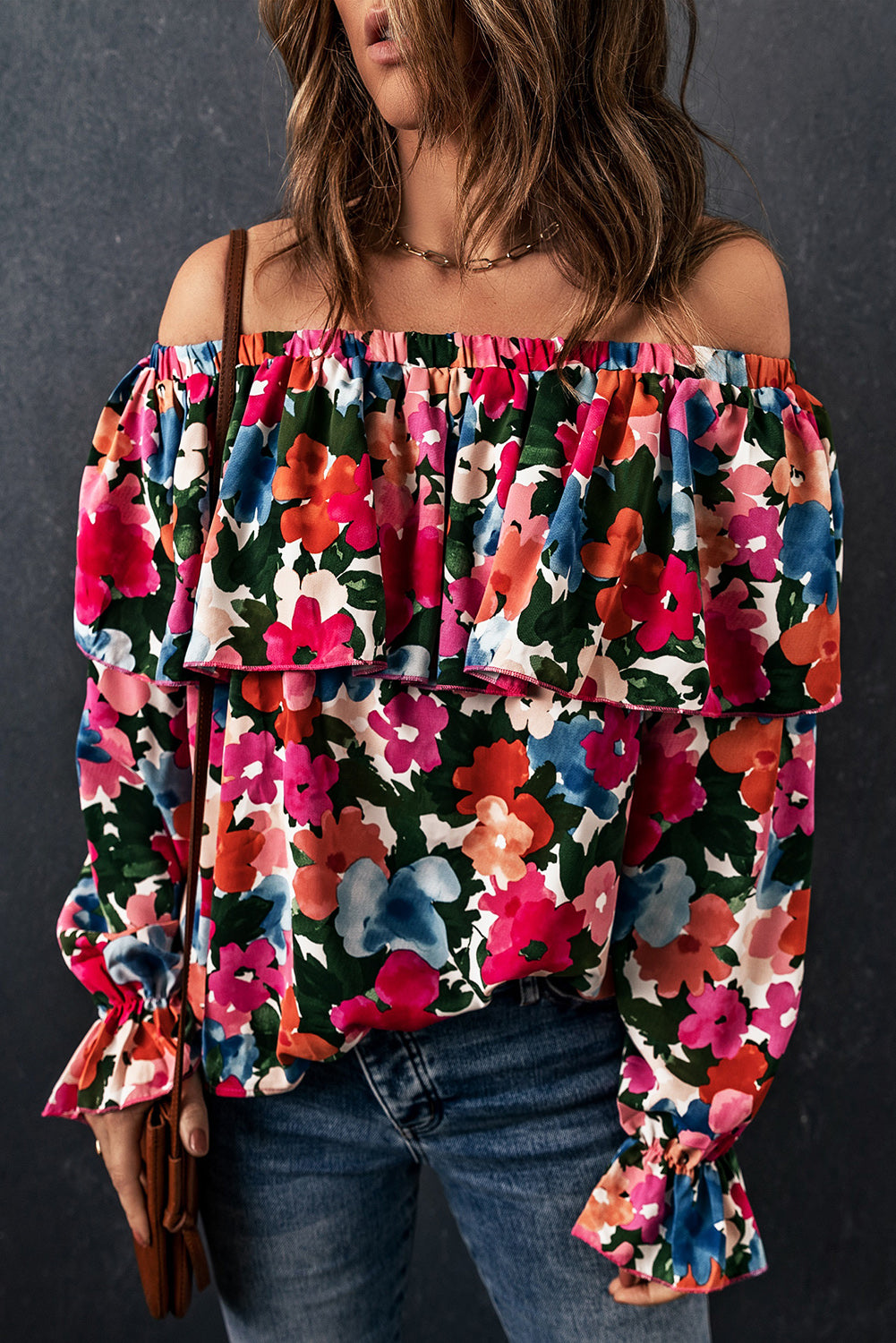 Blouse à épaules dénudées et à volants imprimé floral