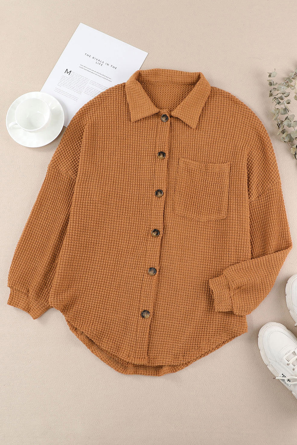 Black Waffle Knit Button Up Casual Shirt