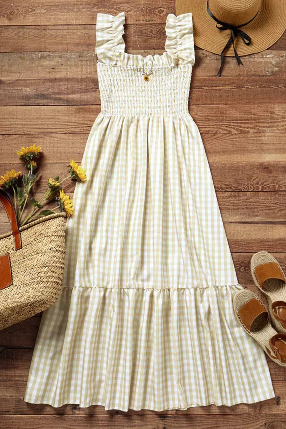 Plaid Ruffled Square Neck Smocked Tiered Maxi Dress