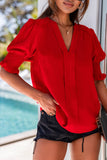 Solid Color Half Sleeve V Neck Blouse