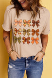 Khaki Halloween Fall Bowknot Graphic Short Sleeve Top