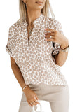 Mandarin V Neck Short Sleeve Leopard Blouse