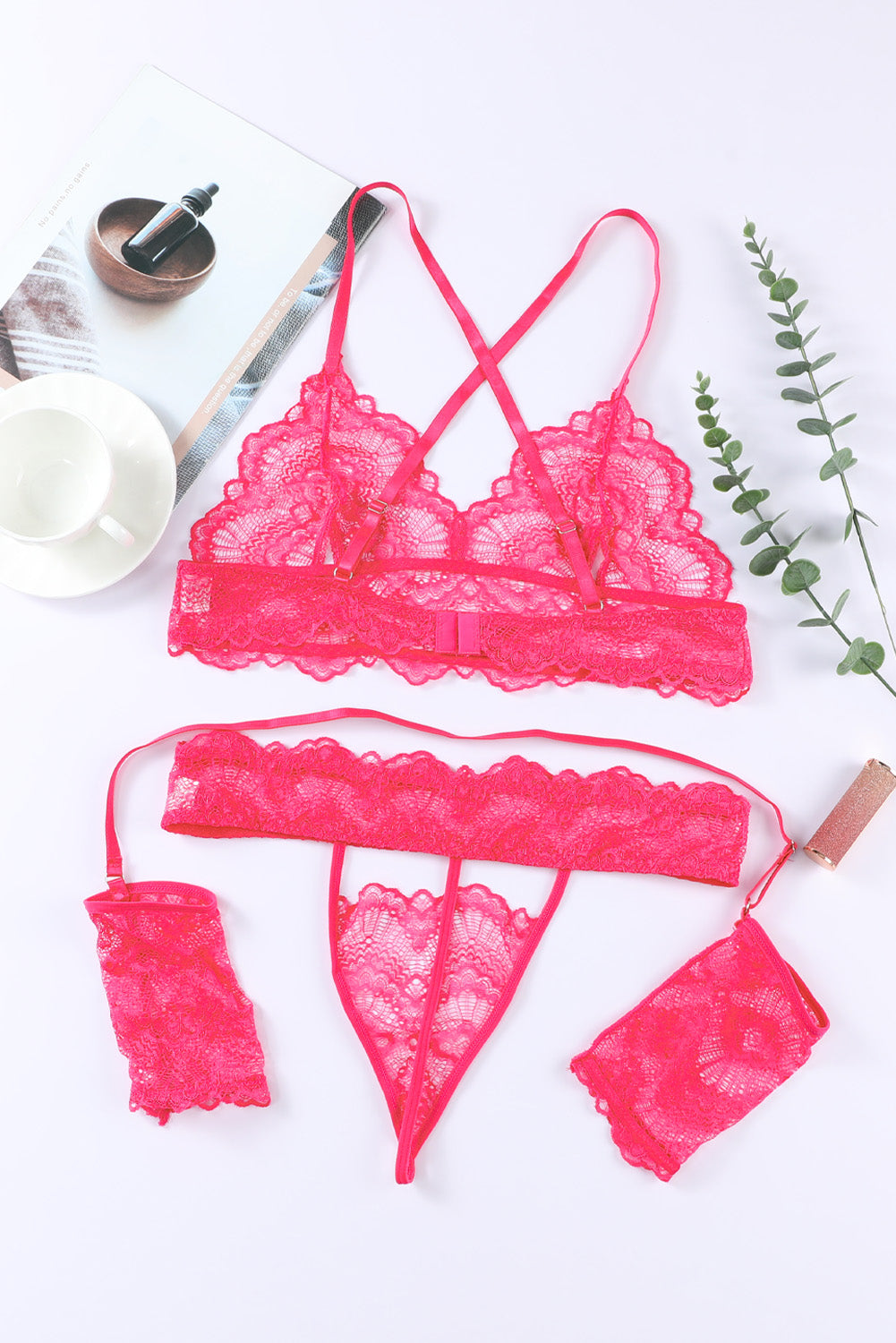 Lace Hollow-out 3pcs Bralette Set with Cuffs