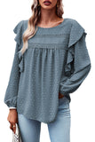 Blackish Green Lace Eyelet Ruffle Shoulder Long Sleeve Blouse