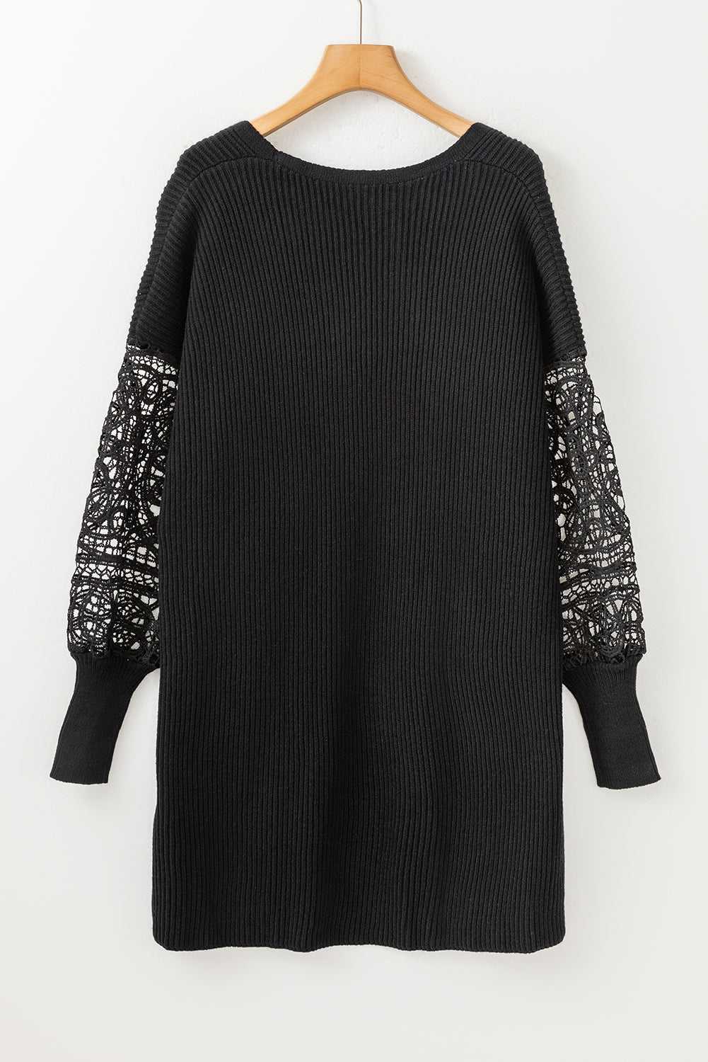 Black Crochet Lace Sleeve Ribbed Knit Cardigan