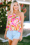 Abstract Floral Print Knotted Halter Tank Top