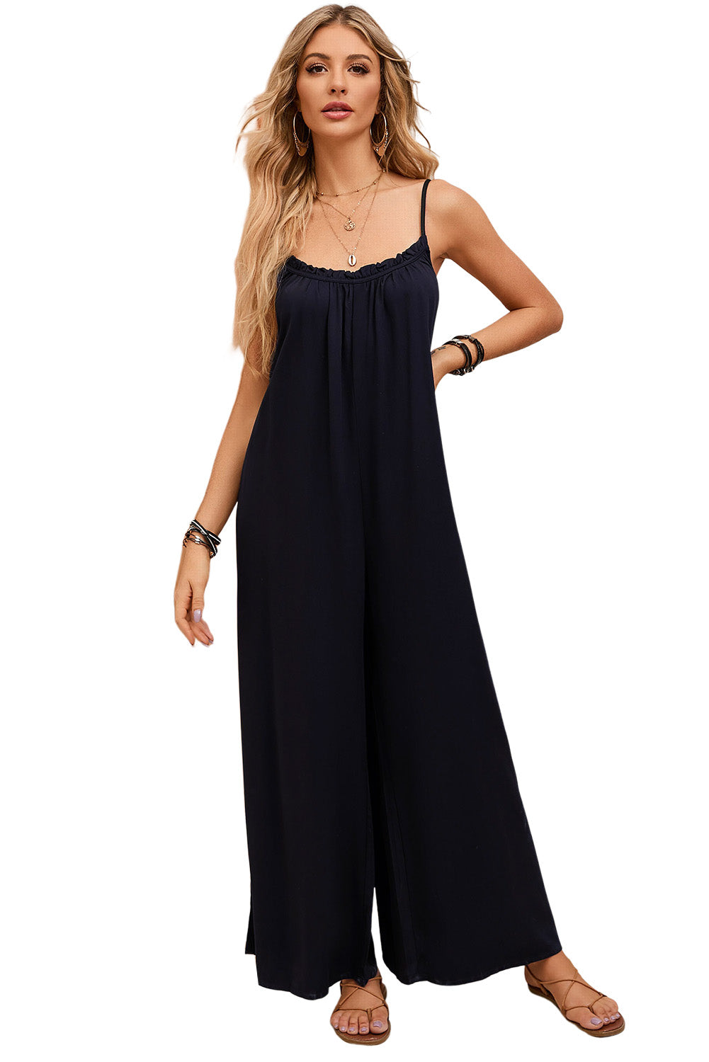 Frilled Neckline Backless Wide Leg Jumpsuit