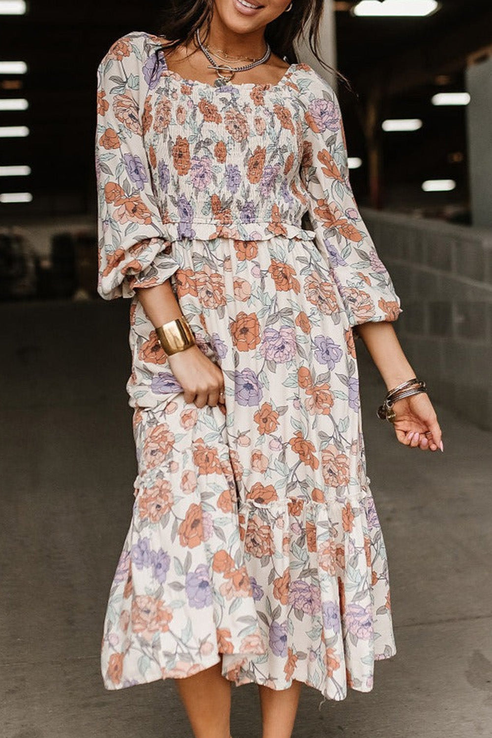 Floral Print V Neck Puffy Lantern Sleeve Blouse