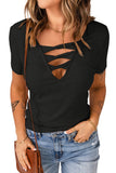 Strappy Hollow-out Neck Rib Knit T Shirt