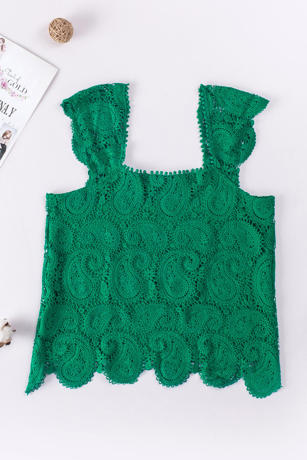 Lace Crochet Ruffled Square Neck Tank Top