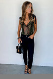 Sequin V Neck Shoulder Tie Bodysuit