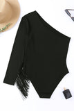 One Shoulder Fringed Long Sleeve Bodysuit