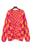 Open Front Mixed Checkered Pattern Knit Cardigan