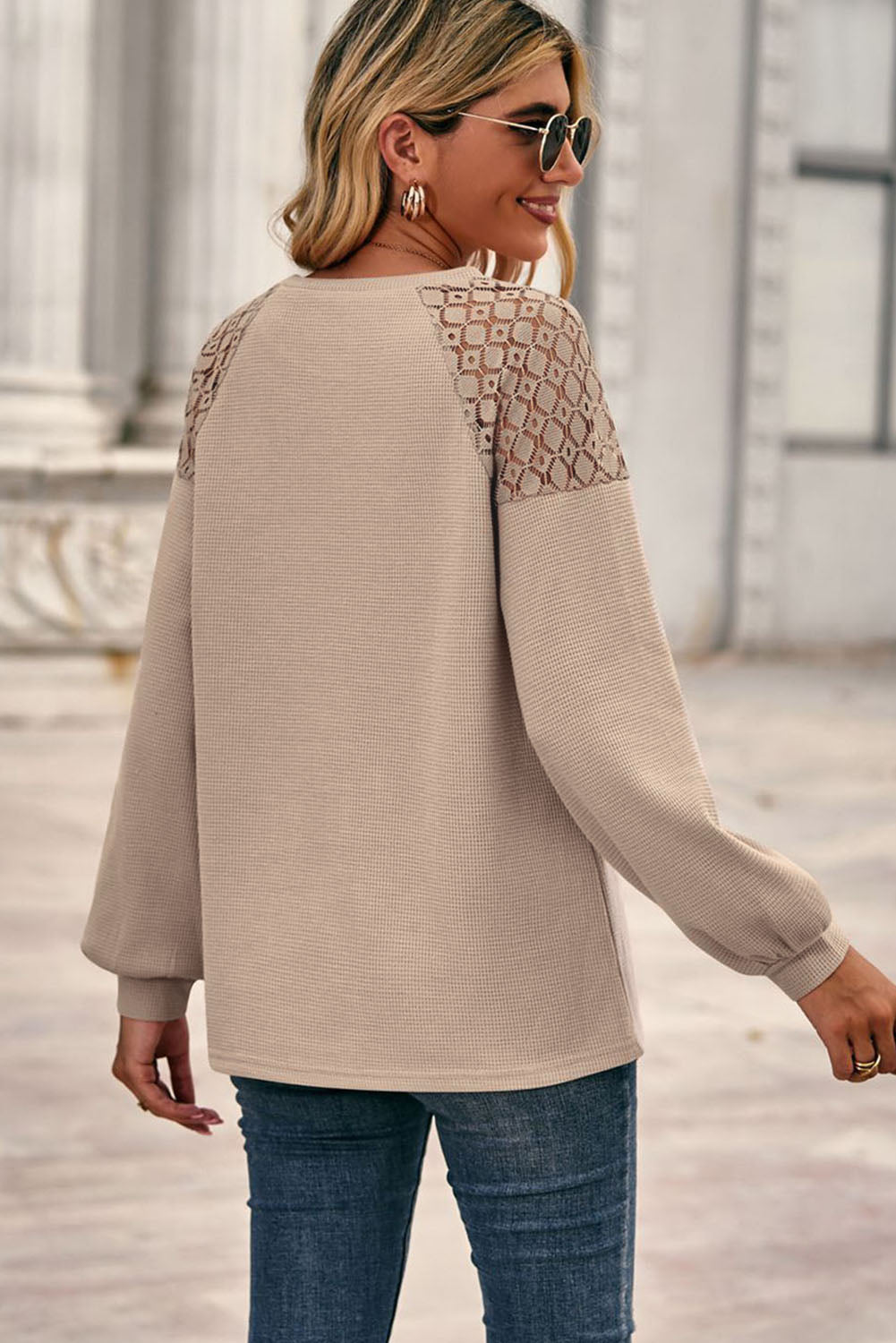 Lace Shoulder Patch Waffle Knit Long Sleeve Top