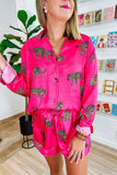 Strawberry Pink Cheetah Print Satin Shirt and Shorts Lounge Set