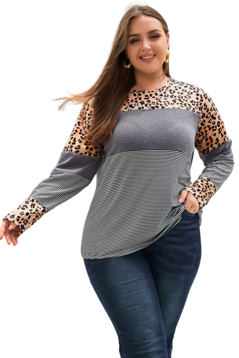 Plus Size Cow/Stripes Patchwork Long Sleeve Tee