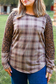 Plus Size Leopard Raglan Sleeve Plaid Top