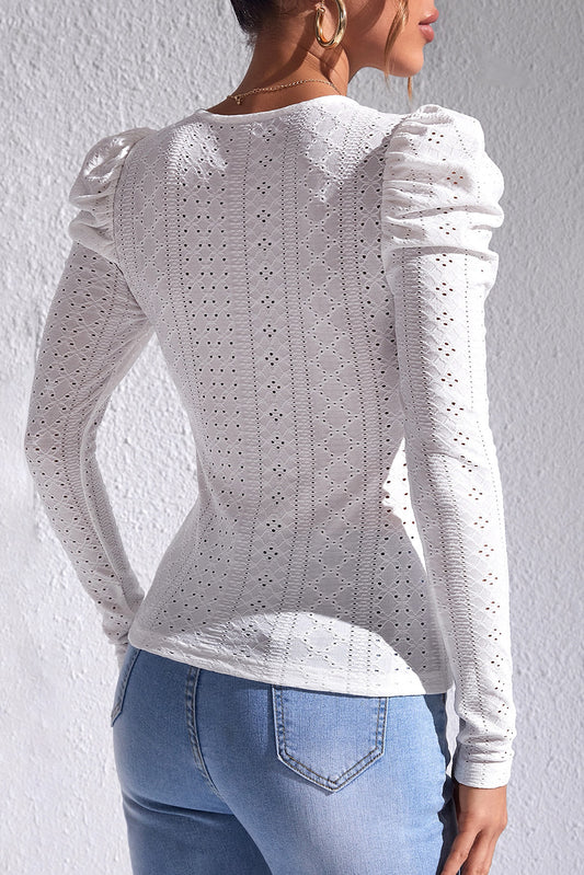 Jacquard Textured Puff Sleeve O-Neck Top