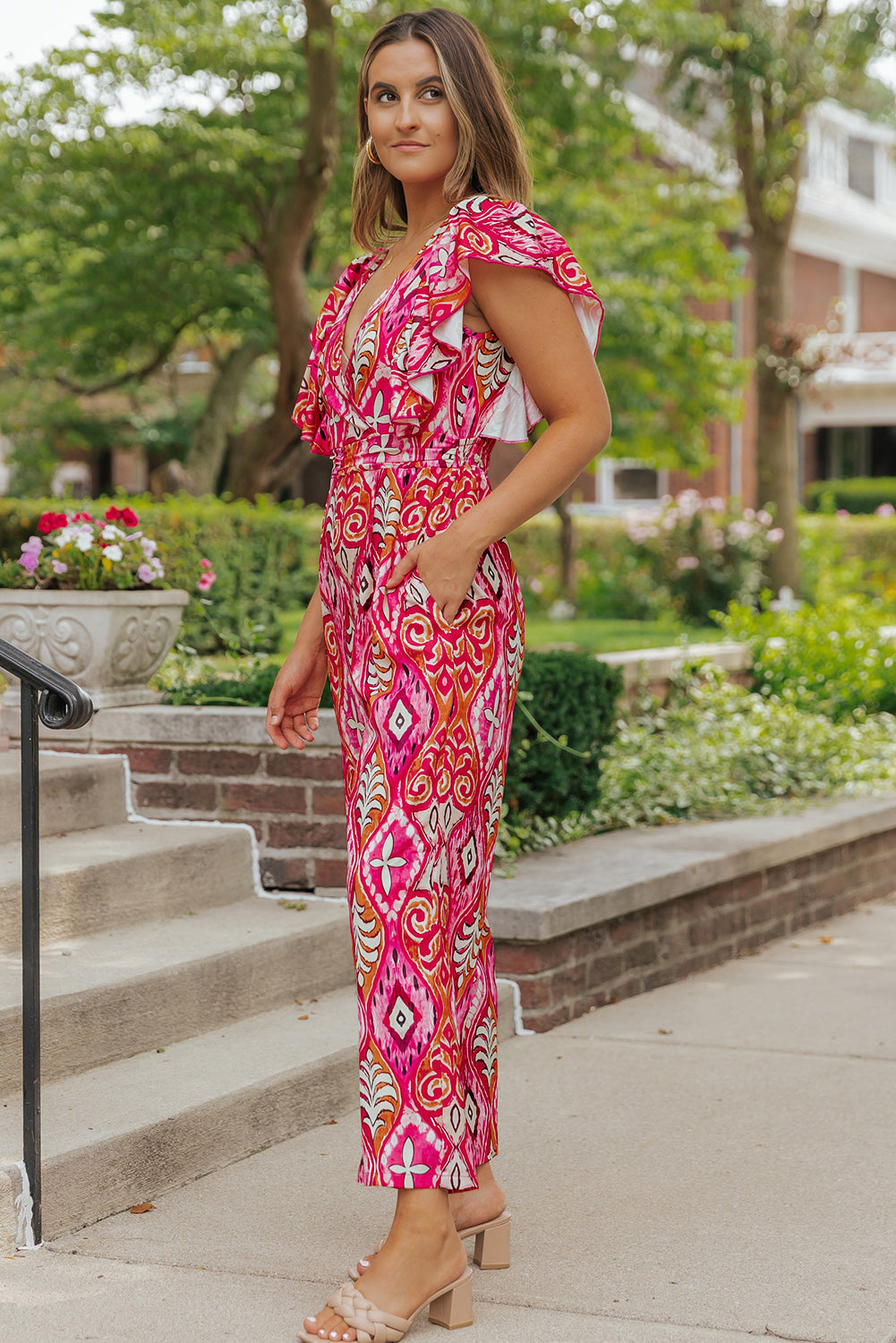 Rose Printed V Neck Button Open Back Wide Leg Jumpsuit