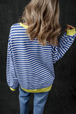 Sky Blue Stripe Oversized Contrast Trim Pullover Sweatshirt