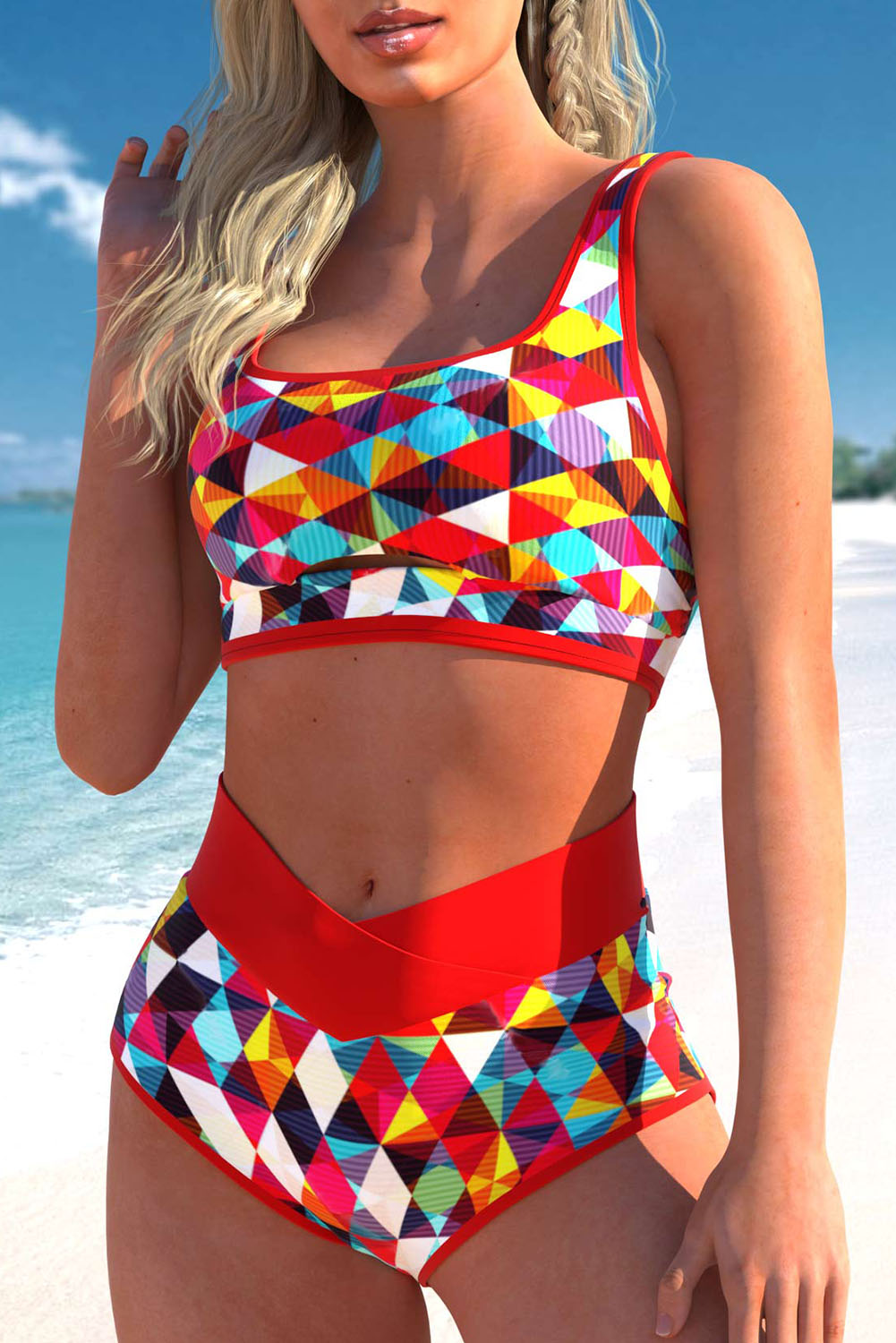 2pcs Geometric Print Notch High Waisted Bikini