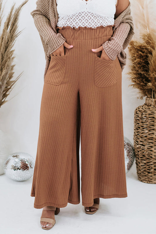 Ribbed Patch Pocket Frill Waist Wide Leg Plus Pants