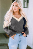 Brushed Contrast Knit V Neck Colorblock Long Sleeve Top