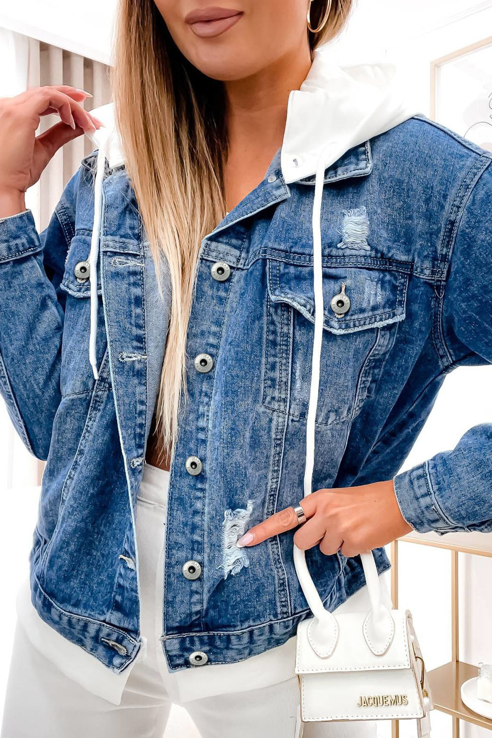 Distressed Contrast Hooded Denim Jacket with Pockets