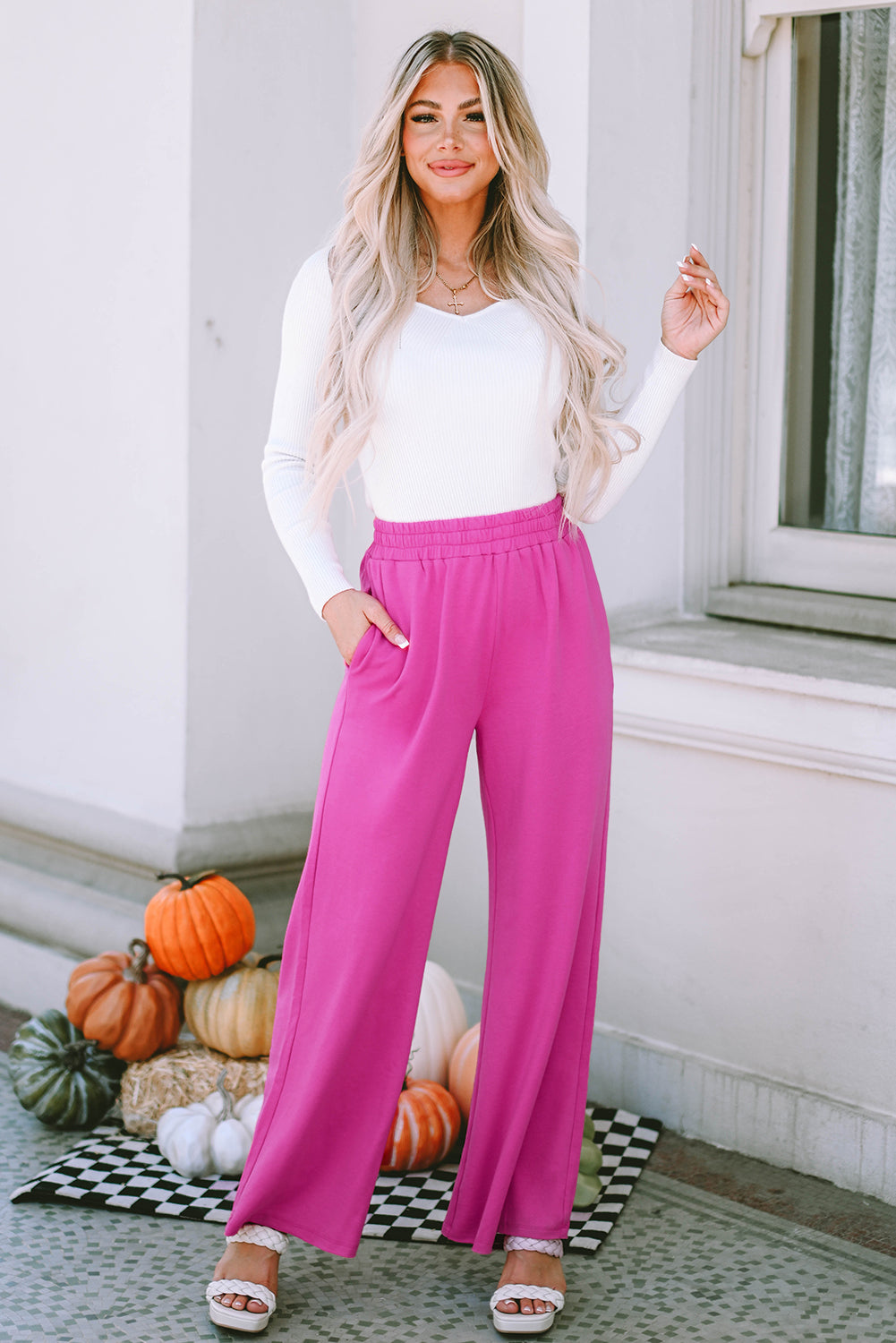 Elastic Waist Pocketed Wide Leg Pants