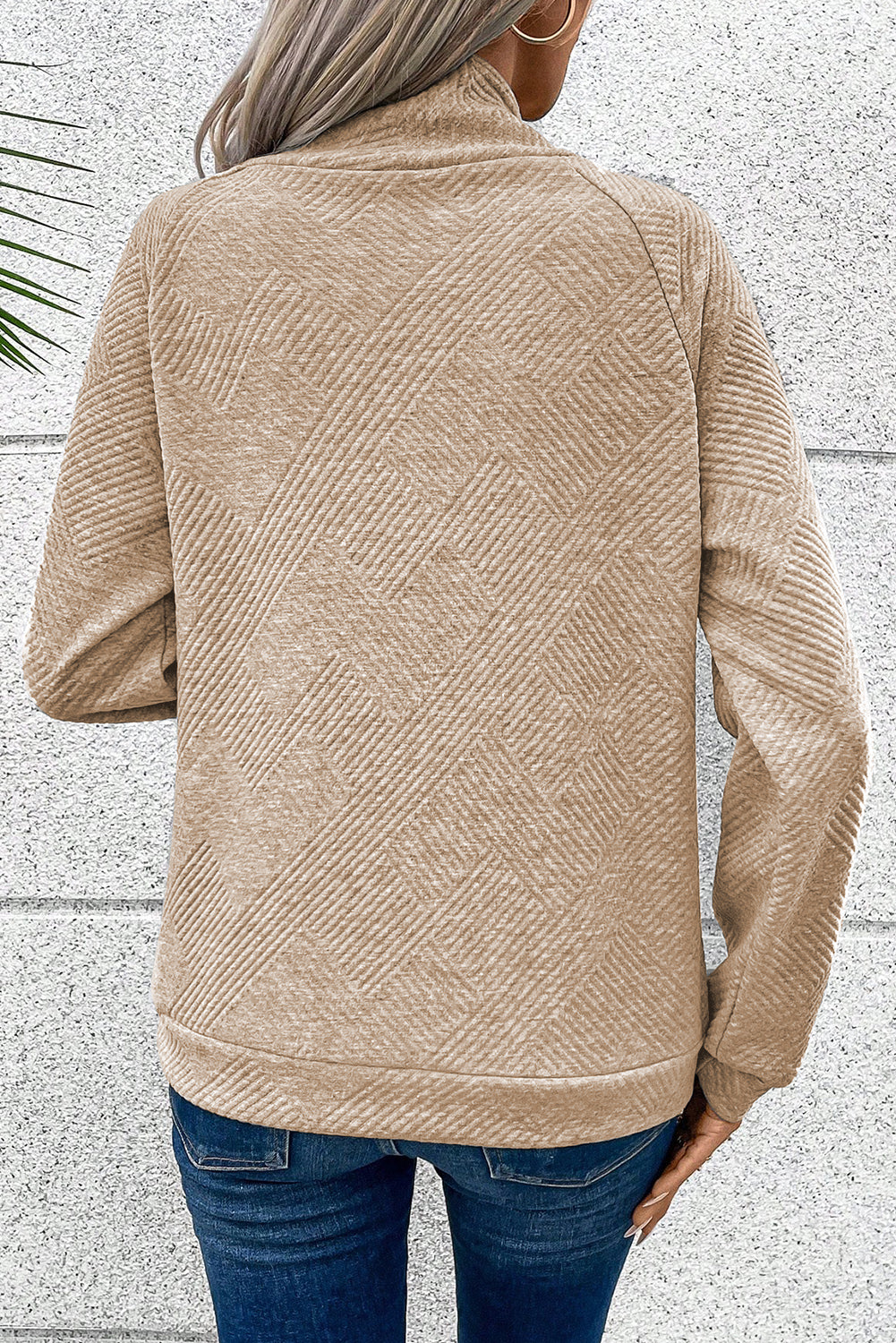 Apricot Asymmetric Buttons Detail High Neck Textured Sweatshirt