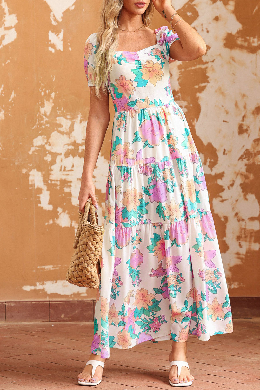 Square Neck Puff Sleeve Tiered Floral Maxi Dress