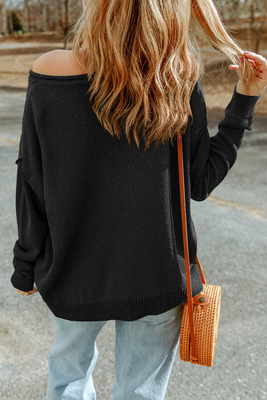 Black Solid Color Off Shoulder Rib Knit Sweater with Pocket