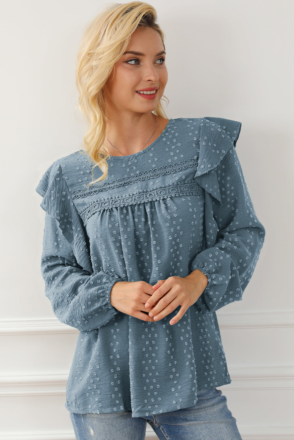 Blackish Green Lace Eyelet Ruffle Shoulder Long Sleeve Blouse