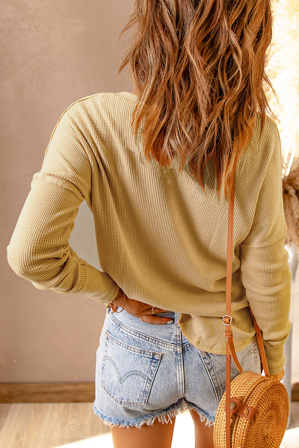 Haut Henley en tricot gaufré orange