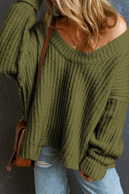 Ribbed Knit Round Neck Slouchy Chunky Sweater