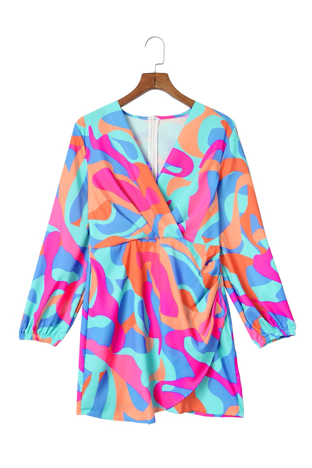 Abstract Print Wrap V Neck Puff Sleeve Dress