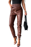 Pantalon skinny en cuir taille haute smocké marron