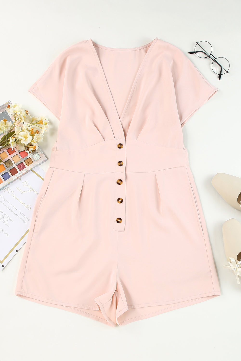 Deep V Neck Buttoned High Waist Romper