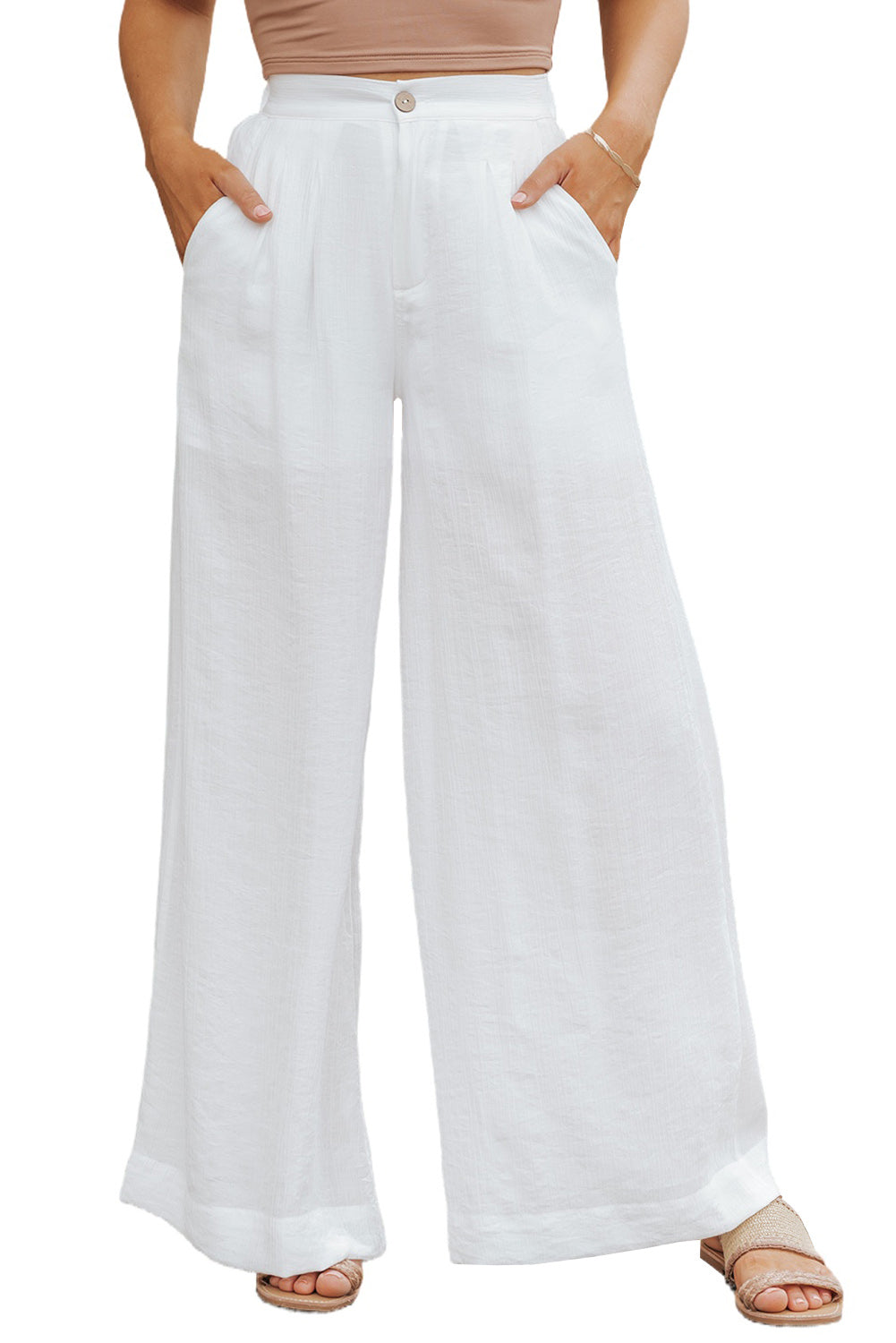 Pantalon large plissé à taille élastique de couleur unie blanc